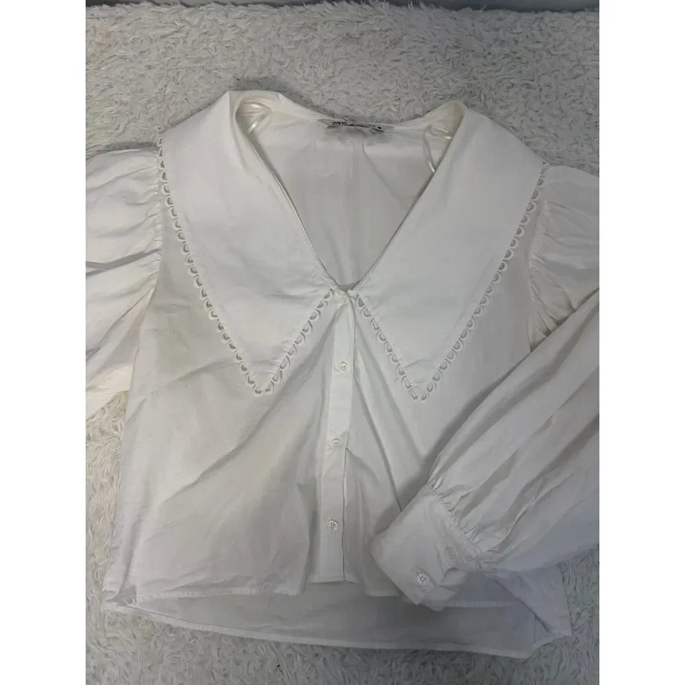 Zara Peter Pan Collared Puff Sleeve Cropped Poplin Blouse Size Small